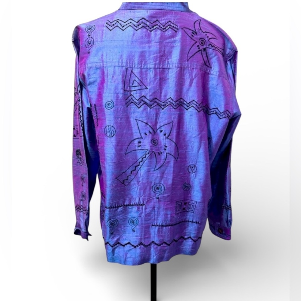 Bleu Bayou Purple Dupioni Silk Blouse Black Hand Beaded Embroidered Palms Size L - Picture 5 of 8